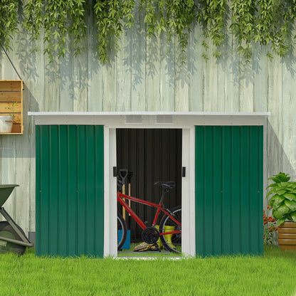 Outsunny Metall-Gartenschuppen 6,3 m³ (280 x 130 x 172 cm) mit Pultdach, Schiebetür, wetterfest, für Garten und Terrasse, anthrazitfarben, dunkelgrün