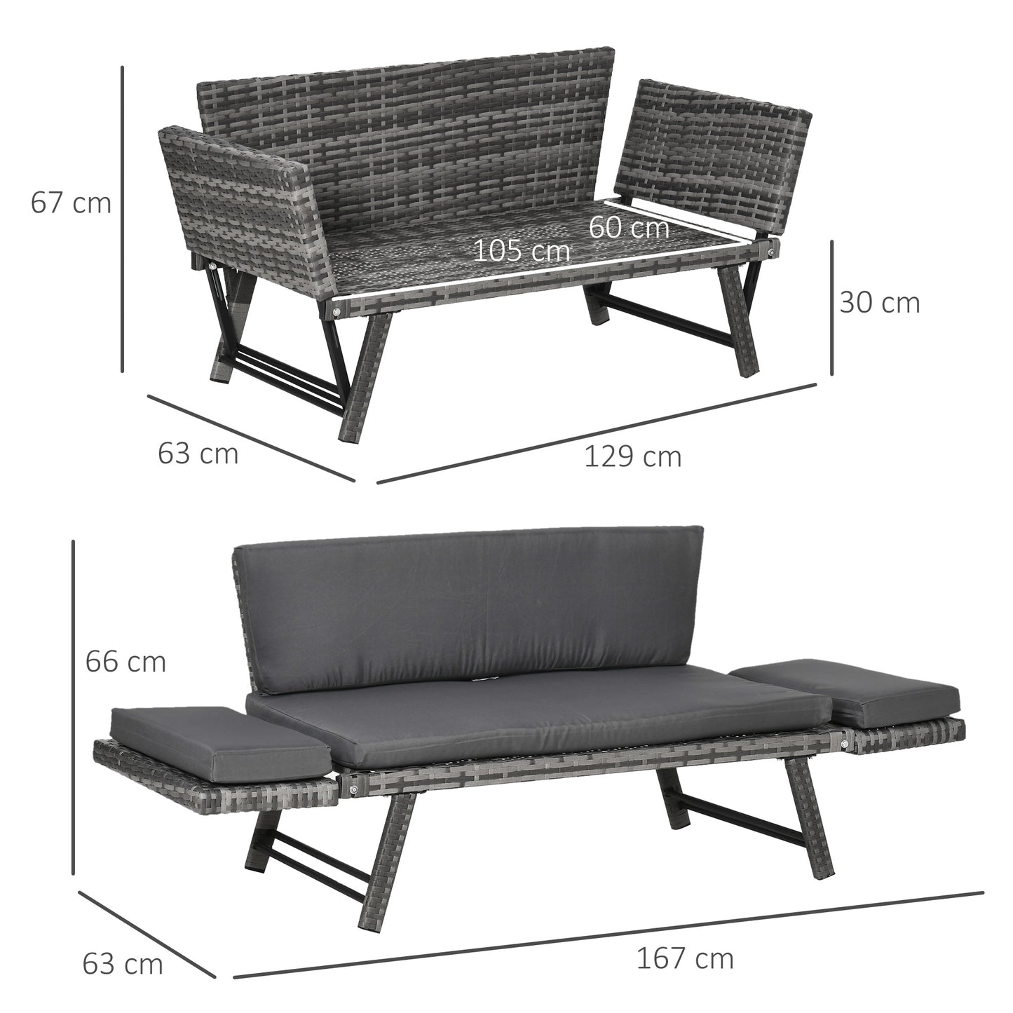 Outsunny Polyrattan-Gartenbank, 2-Sitzer, Gartenmöbel, Lounge-Bank, Gartenliege mit klappbaren Armlehnen, Stahlgrau, 129 x 63 x 67 cm