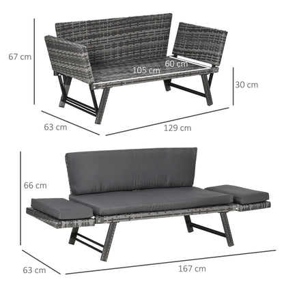 Outsunny Polyrattan-Gartenbank, 2-Sitzer, Gartenmöbel, Lounge-Bank, Gartenliege mit klappbaren Armlehnen, Stahlgrau, 129 x 63 x 67 cm