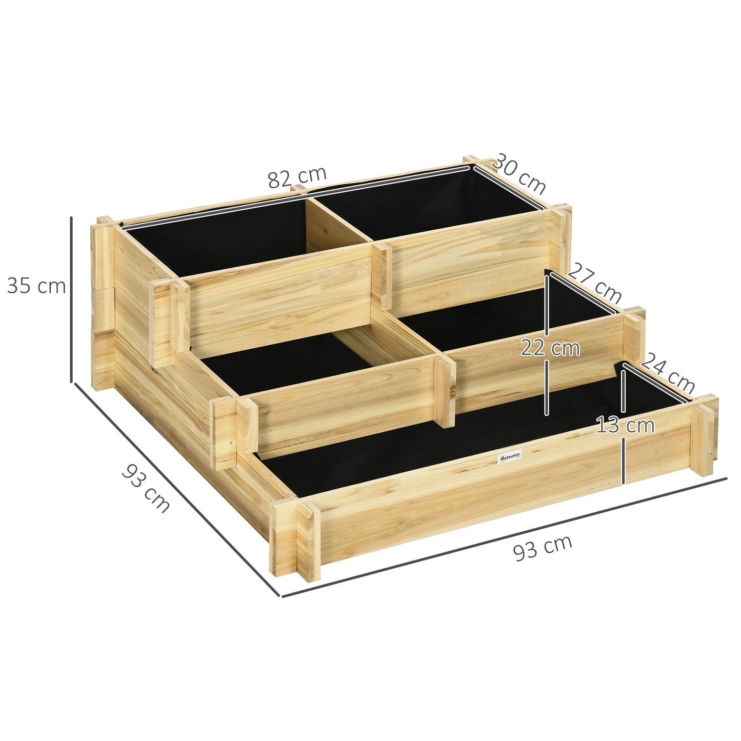 Outsunny Raised Flower Bed, 3-Tier, Drainage Hole, Fabric Lining, Natural Wood, 93 x 93 x 35 cm