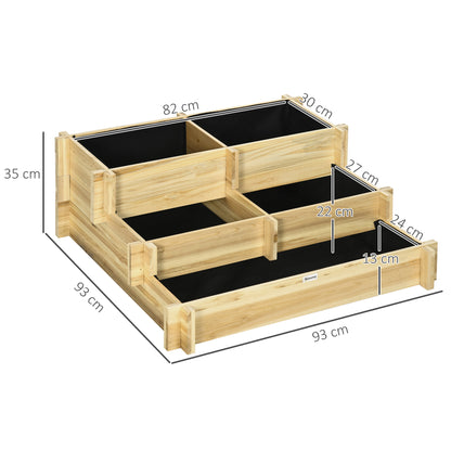 Outsunny Raised Flower Bed, 3-Tier, Drainage Hole, Fabric Lining, Natural Wood, 93 x 93 x 35 cm