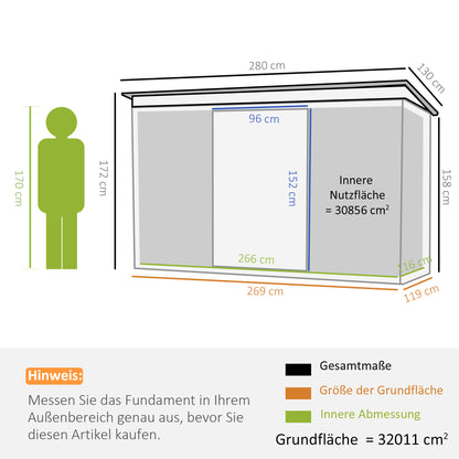 Outsunny Gartenhaus, Geräteschuppen mit Schiebetür, Lüftungsfenster und Pultdach, für den Außenbereich, Stahl, dunkelgrau, 280 x 130 x 172 cm