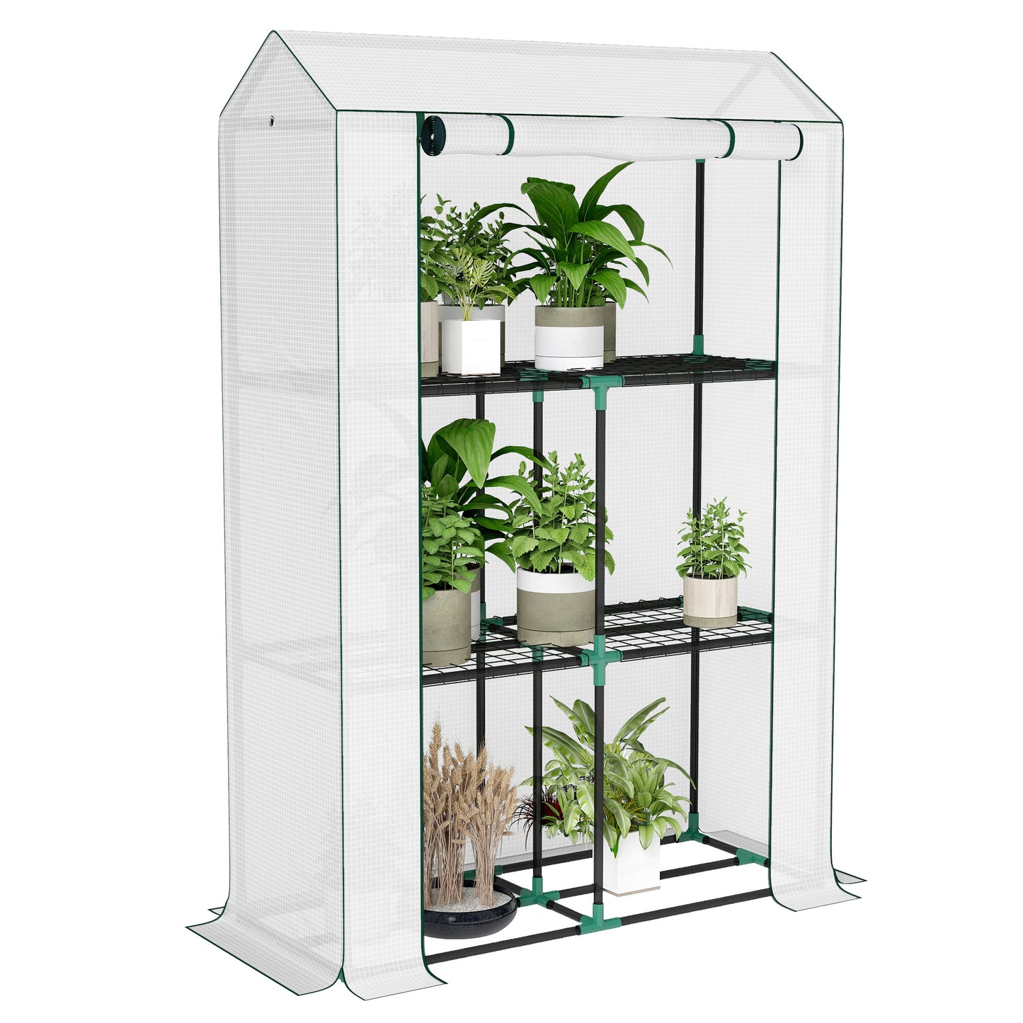 Kas Outsunny met 3-laags schap, UV-bestendige kunststof afdekking, roldeur, 100 x 40 x 150 cm, wit