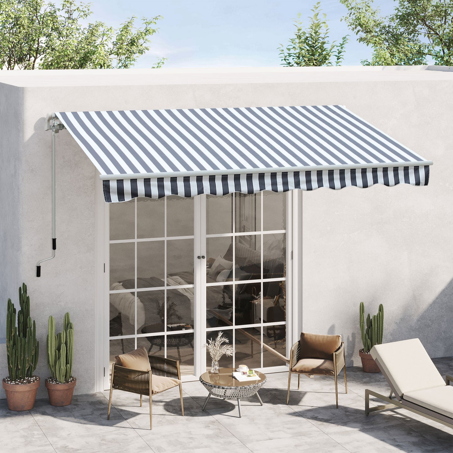 Outsunny zonnescherm, knikarmzonnescherm, zonnescherm, handslinger, balkon, aluminium, grijs/wit, 2,95 x 2,45 m