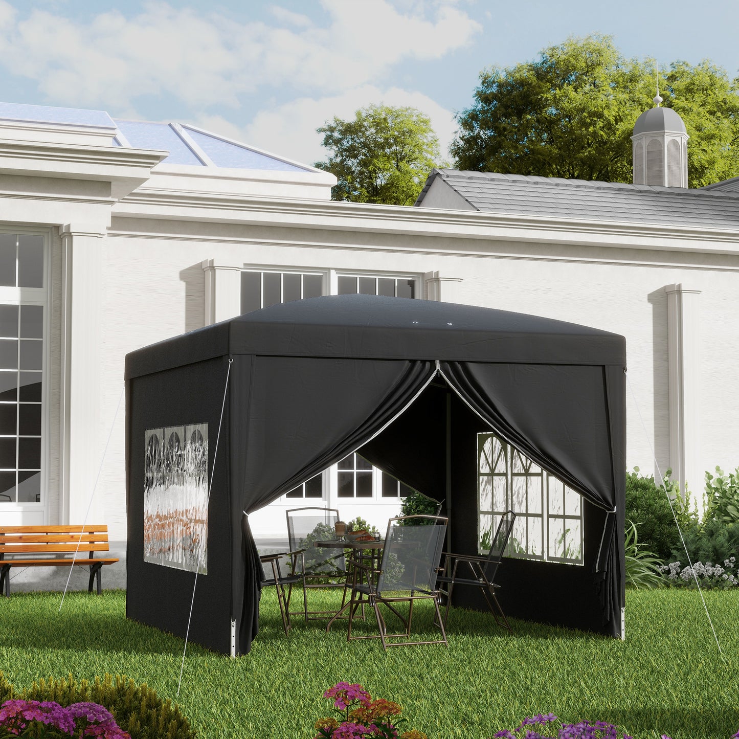 Outsunny 3 x 3 m paviljoen met 4 zijwanden, ramen, tent met UV-bescherming, tuintent inclusief draagtas, staal, zwart