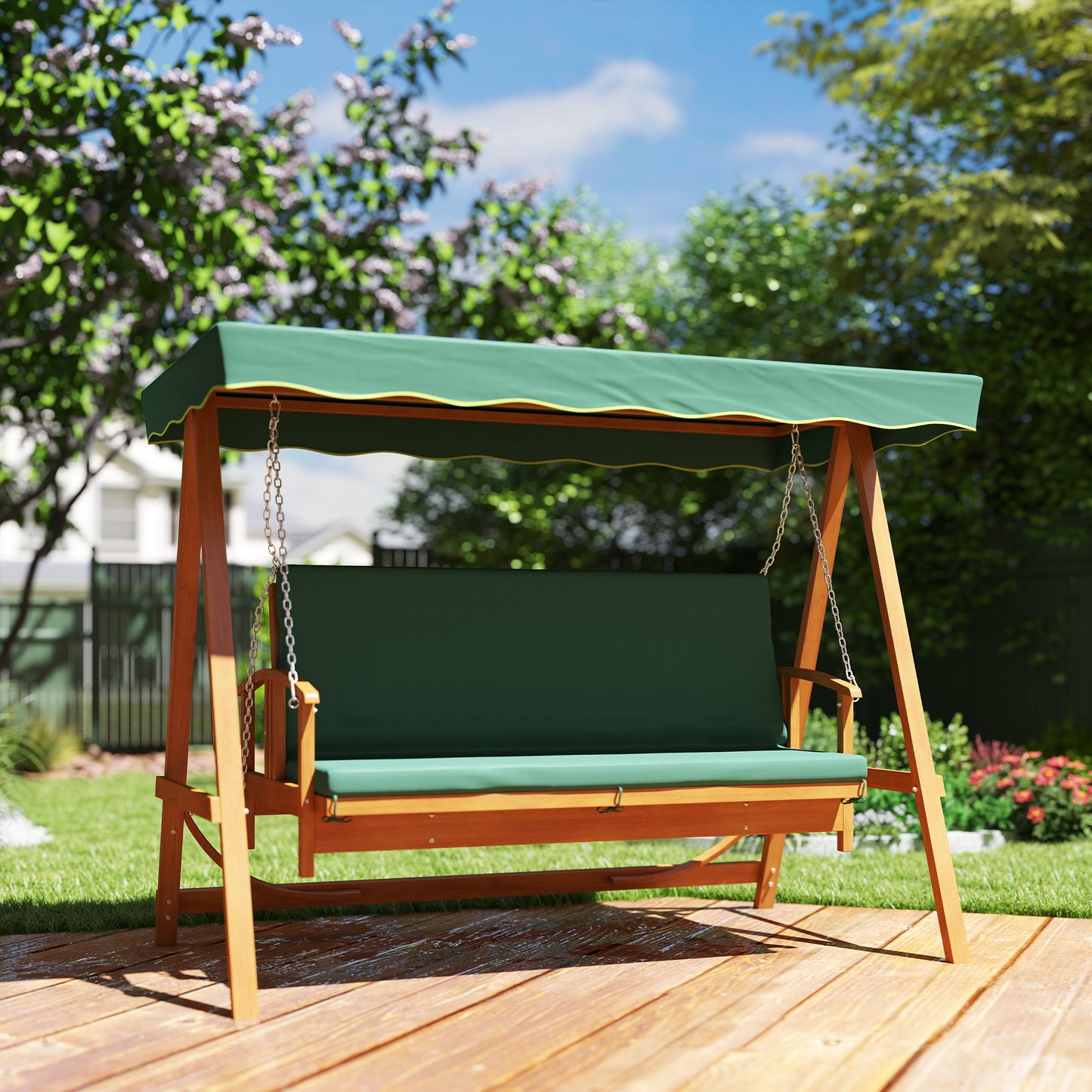 Outsunny Hollywood schommel met zonnekap, echte houten tuinschommel, schommelbank met ligfunctie, voor 3 personen, donkergroen