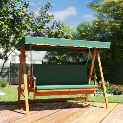 Outsunny Hollywood schommel met zonnekap, echte houten tuinschommel, schommelbank met ligfunctie, voor 3 personen, donkergroen