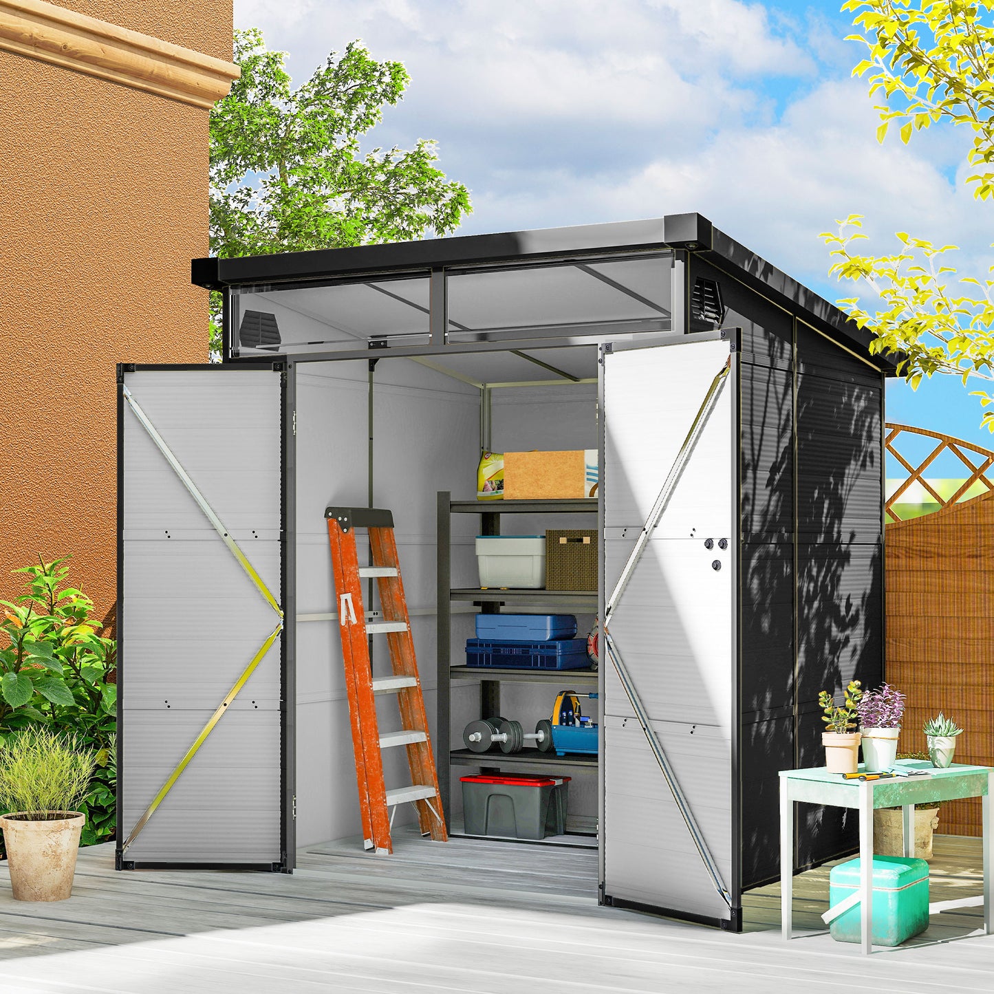 Outsunny 1,9 x 1,9 m tuinhuis, gereedschapsschuur van kunststof, afsluitbare deuren, 2 ventilatieopeningen, donkergrijs