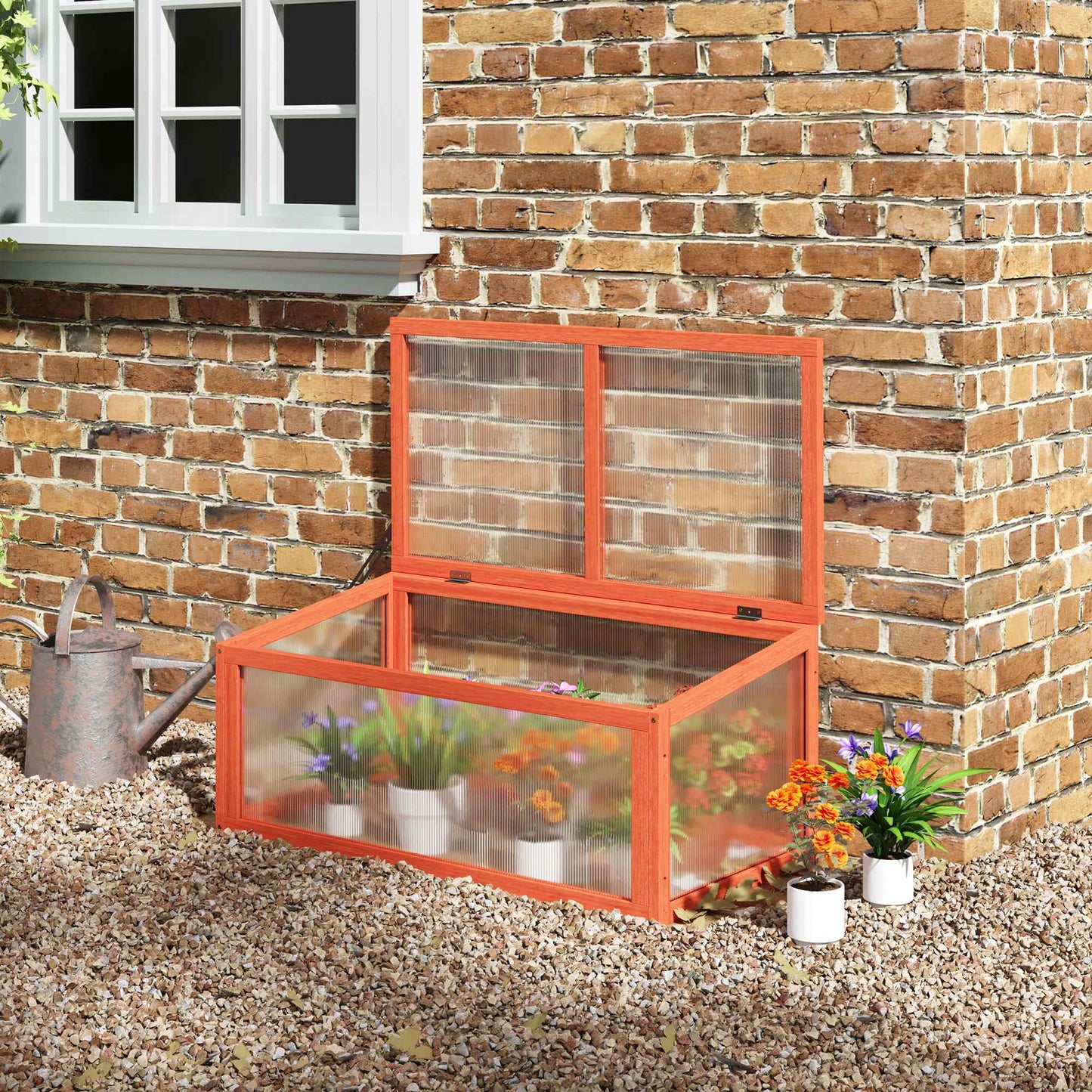 Outsunny Frühbeetkasten, Gewächshaus aus Holz und Polycarbonat, 90 x 46 x 40 cm, wetterfest mit Deckel, Frühbeetkasten für Gartenpflanzen, orange