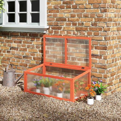 Outsunny Frühbeetkasten, Gewächshaus aus Holz und Polycarbonat, 90 x 46 x 40 cm, wetterfest mit Deckel, Frühbeetkasten für Gartenpflanzen, orange