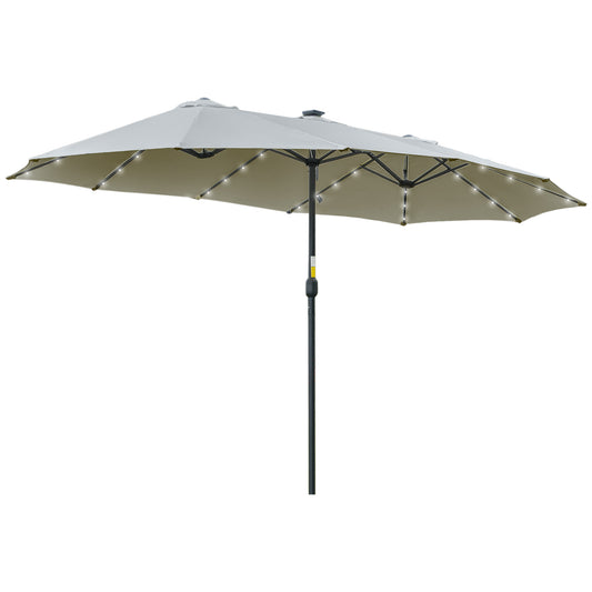Outsunny Sonnenschirm mit LED-Solar, 4,5 m, Doppelschirm, Gartenschirm, Marktschirm, Terrassenschirm, oval, hellgrau + schwarz